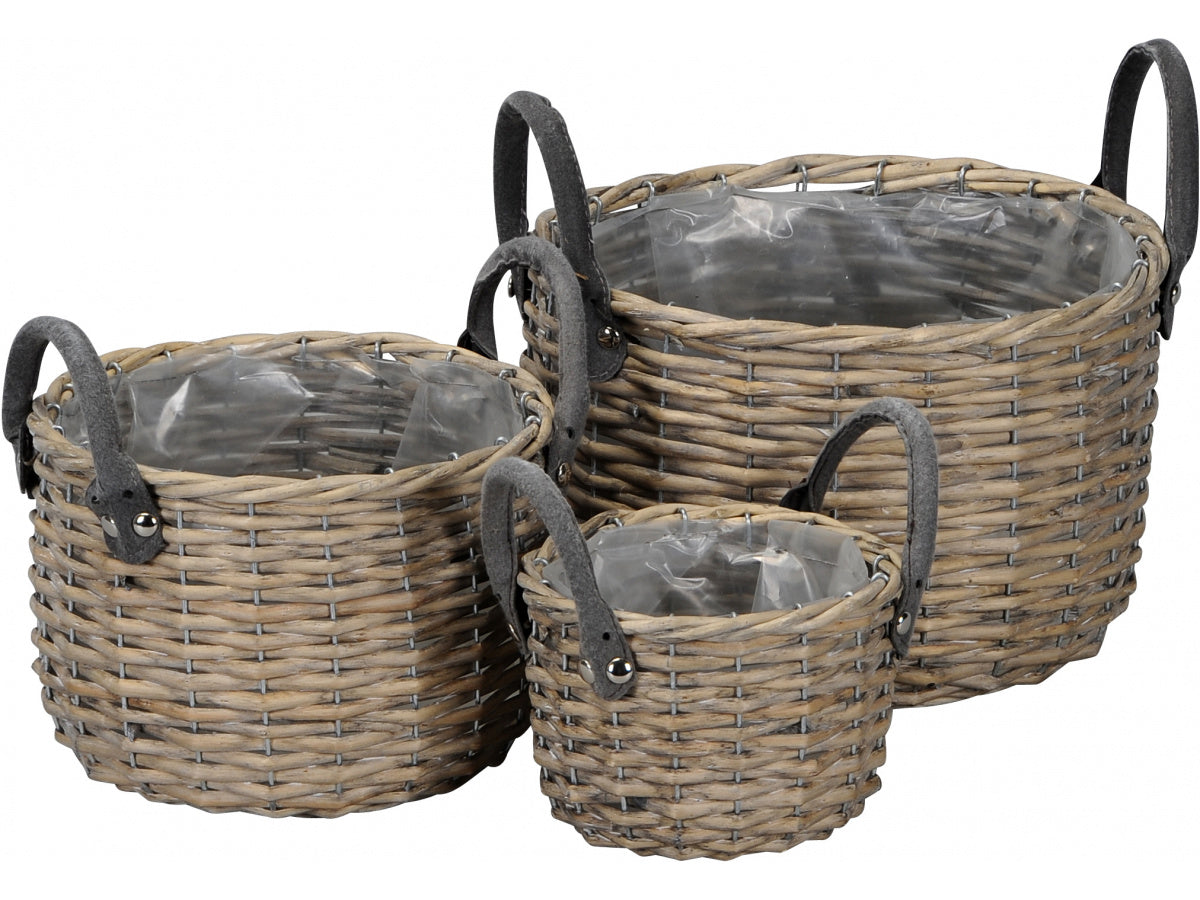 ROUND WICKER BASKETS WITH HANDLES - SET OF 3