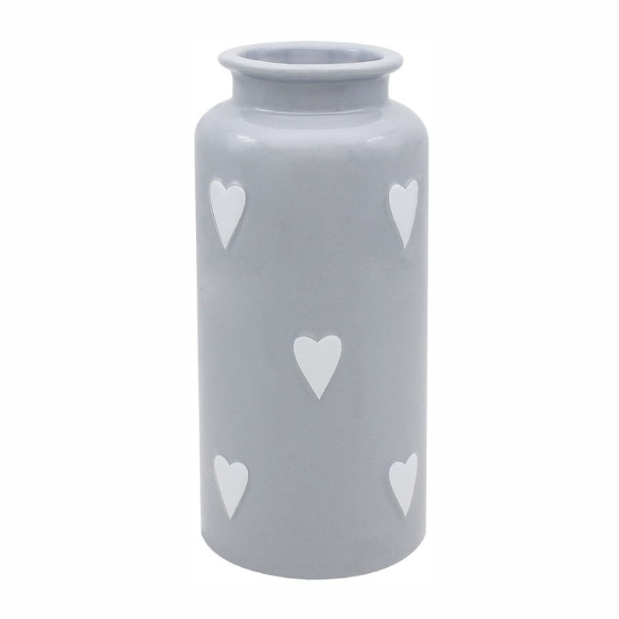 SMALL GREY VASE WITH HEART DECAL